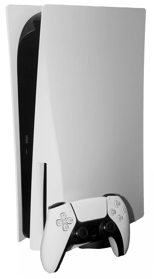 Une PS5 blanche et sa manette, posées sur un fond neutre